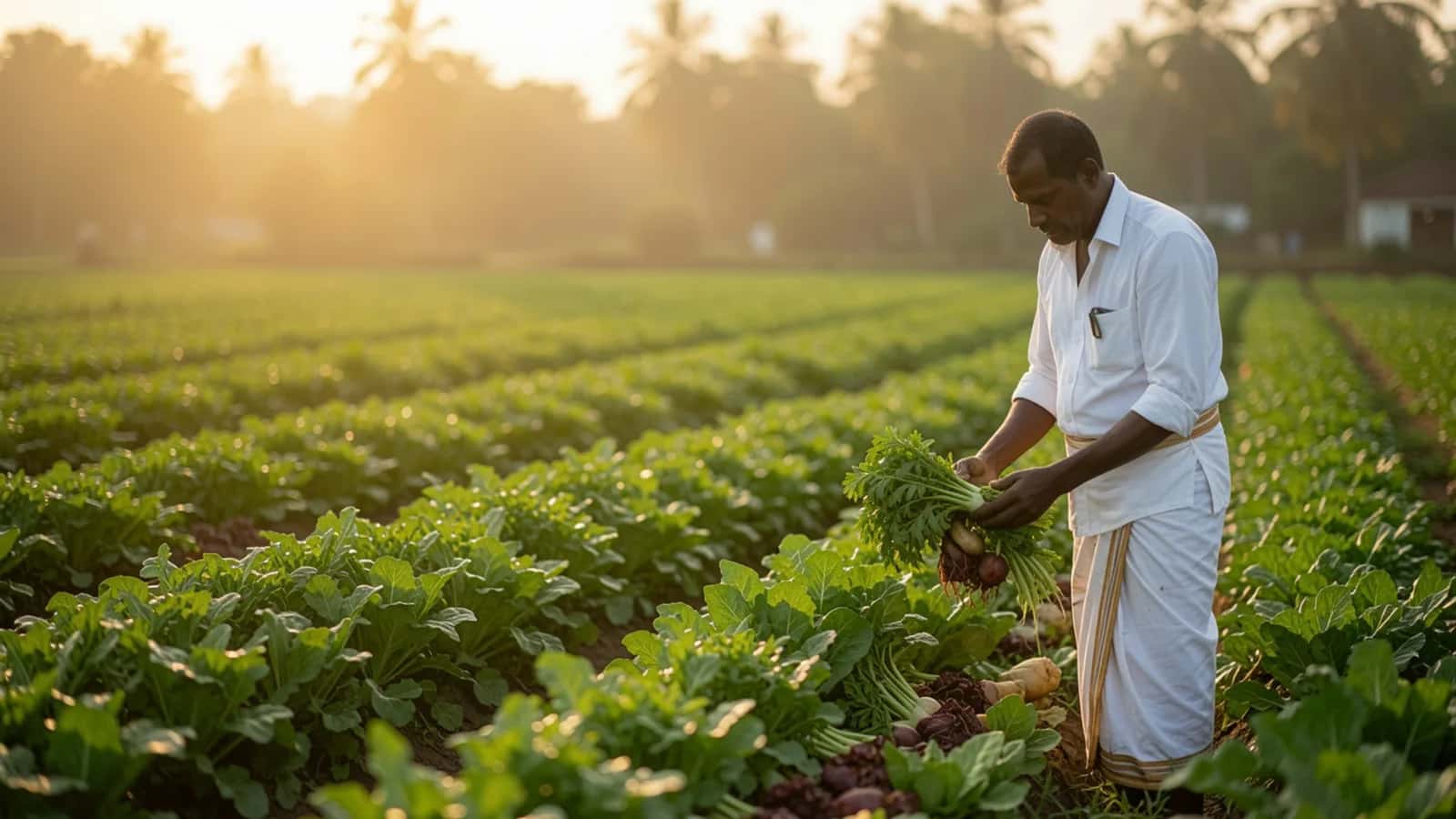 An organic farmer harvesting fresh vegetables in a Tamil Nadu field at sunrise