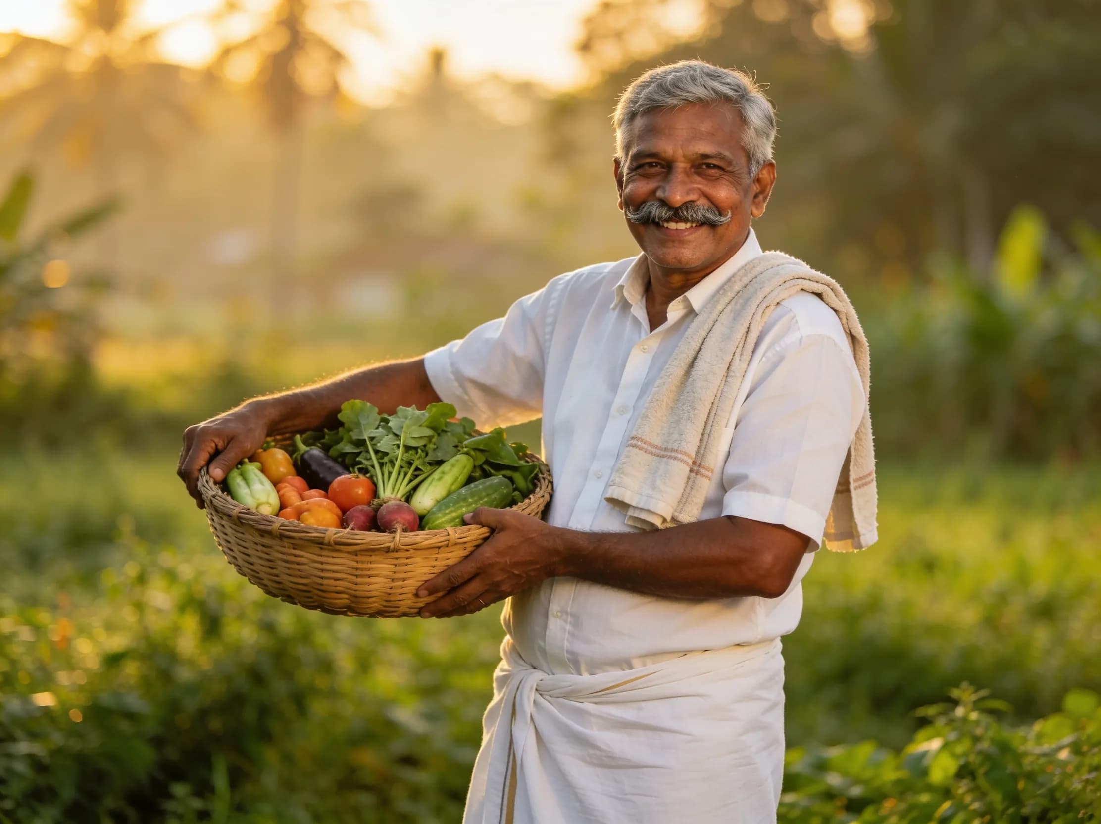 A Tamil Nadu farmer holding freshly harvested organic vegetables